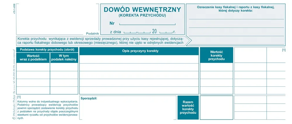 Galeria - V-75 Dowód wewnętrzny - korekta przychodu wynikającego z raportu fiskalnego