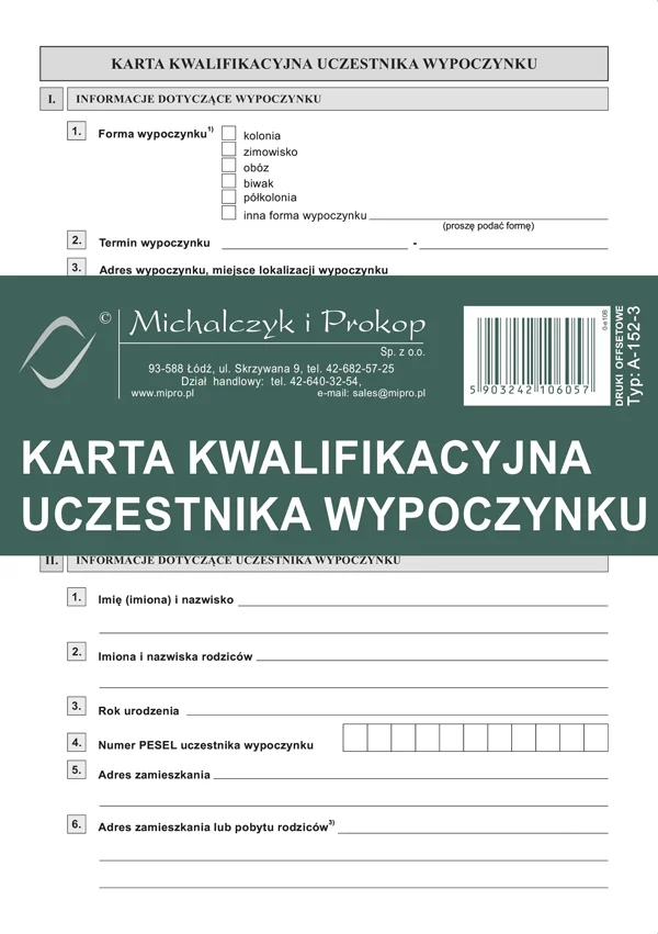 A-152-3 Karta kwalifikacyjna uczestnika wypoczynku
