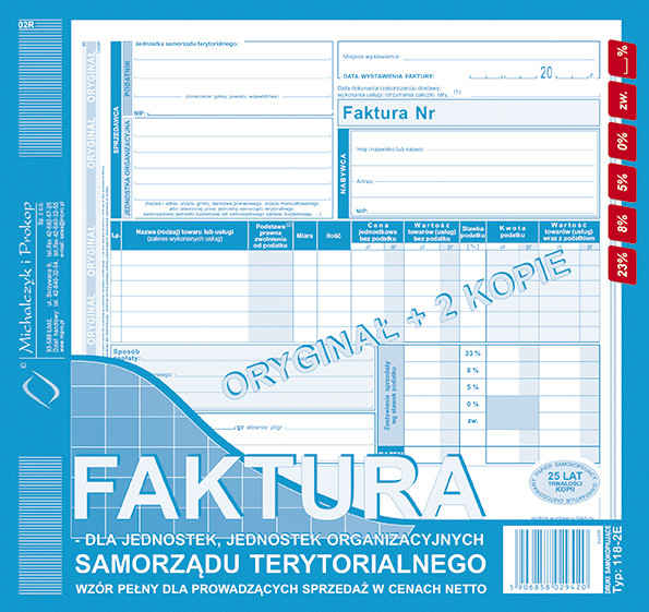 118-2E Faktura - dla jednostek, jednostek organizacyjnych samorządu terytorialngo - wzór pełny dla prowadzących sprzedaż w cenach netto