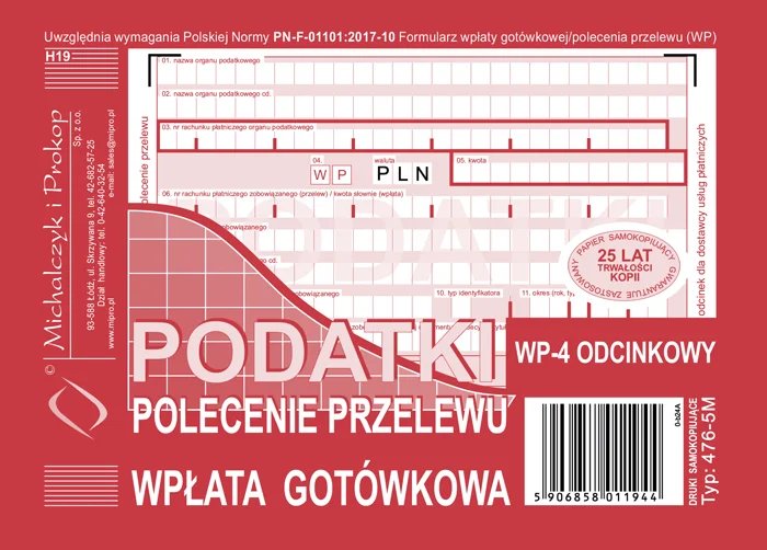 476-5M Podatki polecenie przelewu - wpłata gotówkowa - 4-odcinkowe