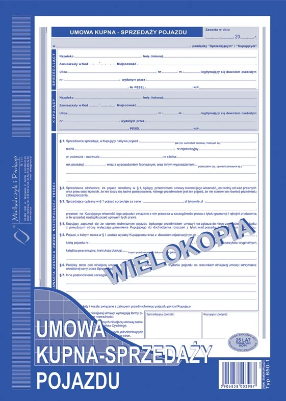 650-1 Umowa kupna - sprzedaży pojazdu
