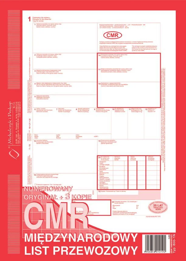 800-1N CMR Międzynarodowy list przewozowy (numerowany)