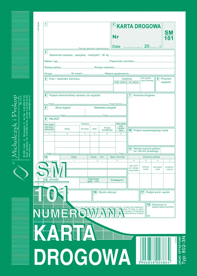 802-3N Karta drogowa sm/101 numerowana (samochód osobowy)