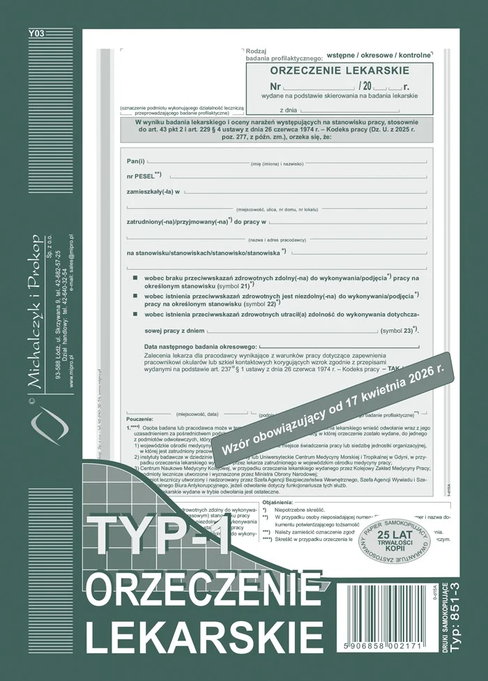 851-3 Orzeczenie lekarskie typ-1