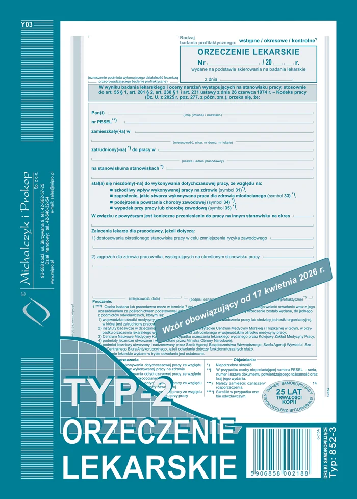 852-3 Orzeczenie lekarskie typ-2