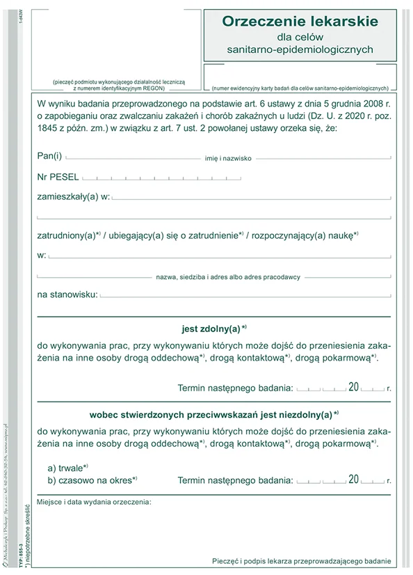 Galeria - 855-3 Orzeczenie lekarskie z badania przeprowadzonego do celów sanitarno-epidemiologicznych
