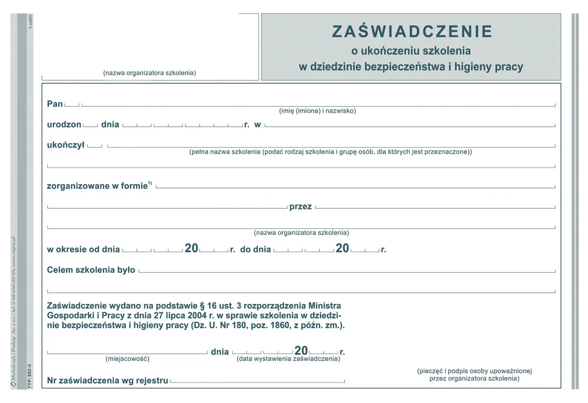 Galeria - 882-3 Zaświadczenie o ukończeniu szkolenia w dziedzinie bezpieczeństwa i higieny pracy