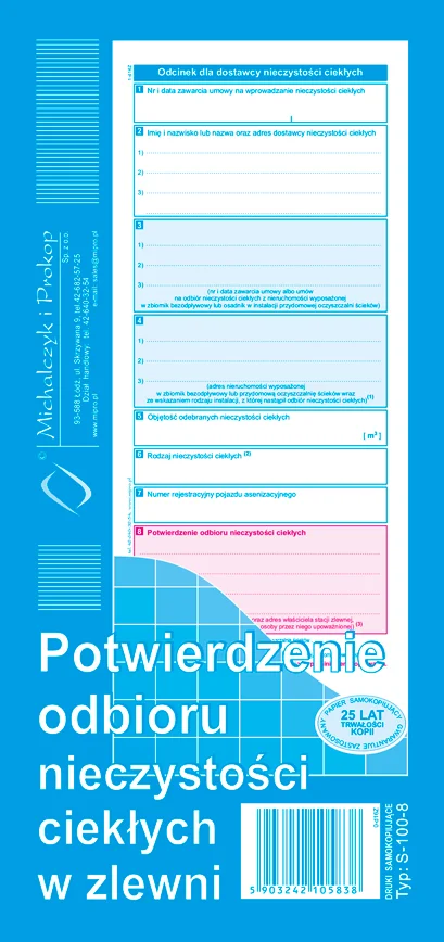 S-100-8 Potwierdzenie odbioru nieczystości ciekłych w zlewni