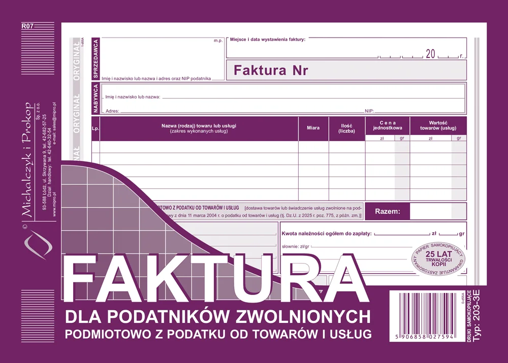 203-3E Faktura dla podatników zwolnionych podmiotowo z podatku od towarów i usług