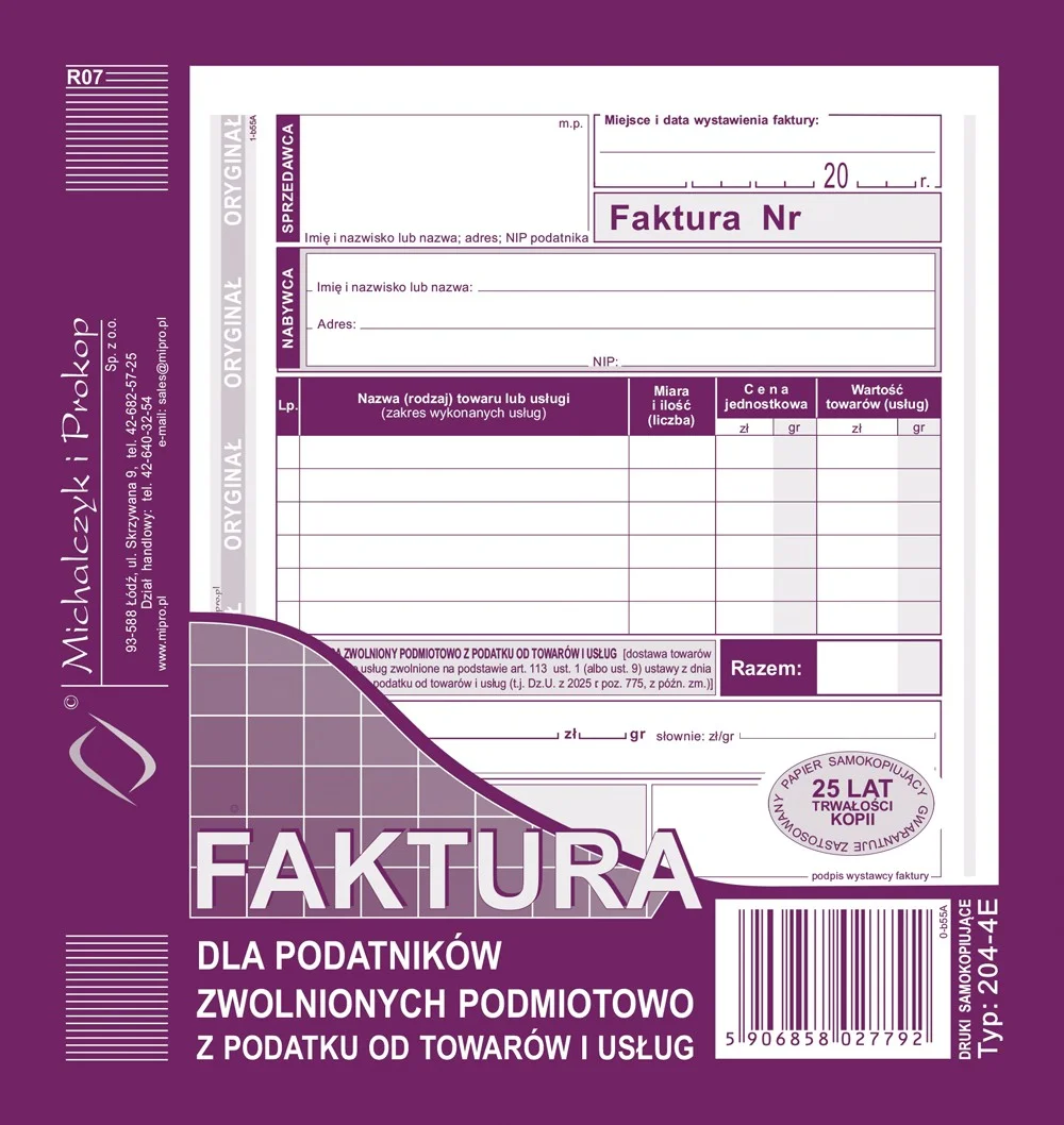 204-4E Faktura dla podatników zwolnionych podmiotowo z podatku od towarów i usług