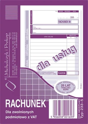 233-5 Rachunek dla zwolnionych podmiotowo z VAT - dla usług